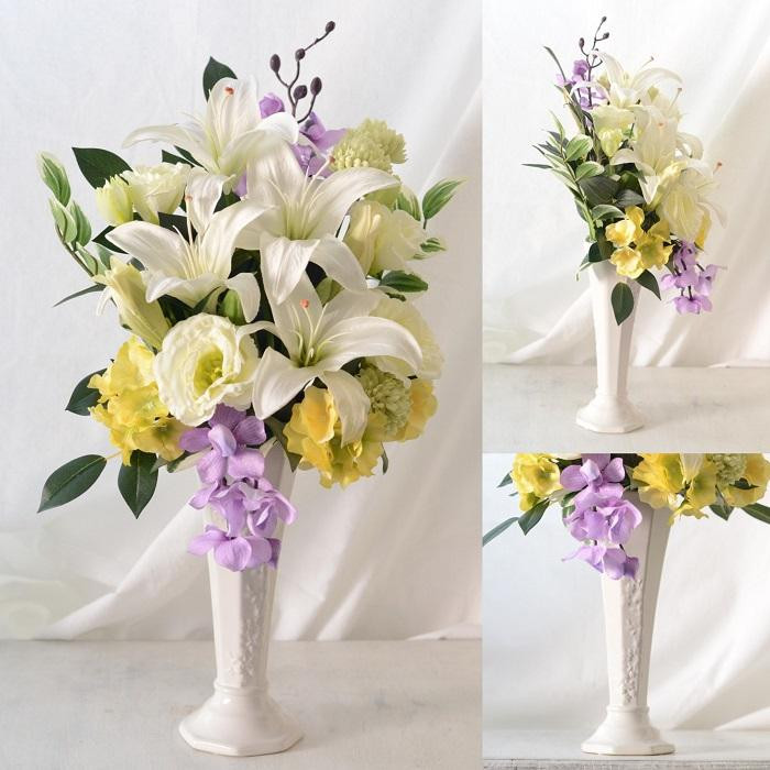 【完成品】そのまま飾れるお洒落な仏花「やすらぎ アレンジタイプ」お洒落な造花の仏花