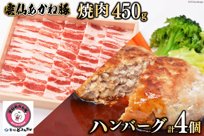 雲仙あかね豚 焼肉 450g ハンバーグ 大2個入×1袋 小2個入×1袋 セット [雲仙どまんなか 長崎県 雲仙市 item0339] 豚肉 ぶたにく国産 セット 冷凍 ポークハンバーグ ブランド豚 