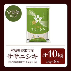 ≪令和7年産≫【8回定期便】ササニシキ 計40kg (5kg×8回配送) 登米市産 お米 おこめ 米 コメ 白米 ご飯 ごはん おにぎり お弁当 8か月 頒布会【登米ライスサービス株式会社】tm486