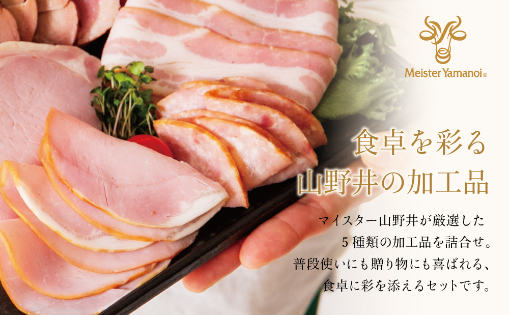 【マイスター山野井】炭焼き焼豚とハムの詰め合わせ（5種） チャーシュー 焼き豚 ロースハム 燻製荒びきポーク ギフト ご贈答 詰合せ 詰め合わせ オードブル 惣菜 おかず おせち パーティー 手土産 