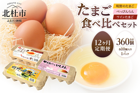 【12ヶ月定期便】明野のたまご+べっぴんらん+ワインたまご 食べ比べセット　たまご 食べ比べ 卵 鶏卵 3種類 セット 各10個 12ヶ月 定期便 新鮮 コク 旨味 濃厚 ポリフェノール ビタミンＥ 山梨県 北杜市産 ハイチック