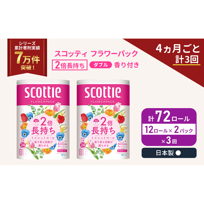 定期便 トイレットペーパー ダブル スコッティ 2倍長持ち 72ロール ( 12ロール × 2パック ) 《 4ヶ月ごと 計  3回 》 フラワーパック 香り付き