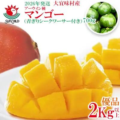 マンゴー【2026年発送】大宜味村産 アーウィン種マンゴー　優品2kg以上（青ぎりシークワーサー700ｇ付き） フルーツ 果物