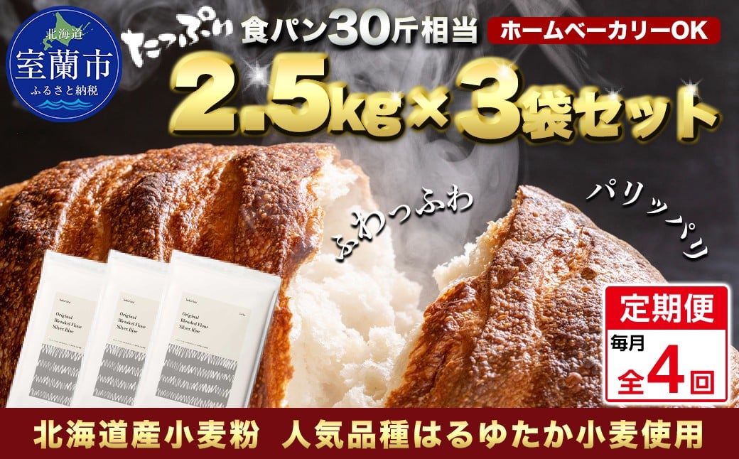 
            【毎月定期便】北海道産 はるゆたかブレンド小麦粉 シルバーライズ（パン用強力粉）7.5kg 全4回【ふるさと納税 人気 おすすめ ランキング 小麦 小麦粉 粉 シルバーライズ はるゆたか ブレンド パン用 強力粉 穀物 国産 北海道産 食パン パン こむぎ こむぎこ ギフト 贈答 プレゼント 贈り物 定期便 北海道 室蘭市 送料無料】MROBI030
          