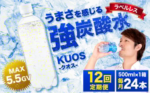 【全12回定期便】強炭酸水クオス プレーン ラベルレス 500ml×24本 炭酸水 たんさんすい 水 飲料水 みず 強炭酸 ラベルレス 日田市 / 株式会社OTOGINO[AREF143]