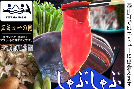 【12か月定期便】エミュー肉 しゃぶしゃぶ用【エミュー 基山産 高タンパク 高鉄分 低カロリー ヘルシー ジビエ しゃぶしゃぶ 貴重肉 鉄分補給】JE5-F006311