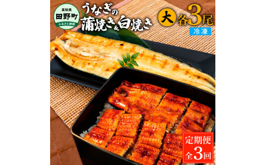 
田野町産うなぎの蒲焼き(大)+うなぎの白焼き(大) 各3尾×3回 定期便 3ヶ月 定期コース 1尾あたり120～150g タレ付き 山椒付き うなぎ 鰻 ウナギ 蒲焼き かば焼き 白焼 国産 冷凍 配送
