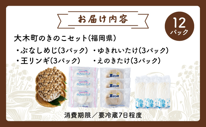 大木町のきのこセット(ぶなしめじ・ゆきれいたけ・王リンギ・えのきたけ各3パック)