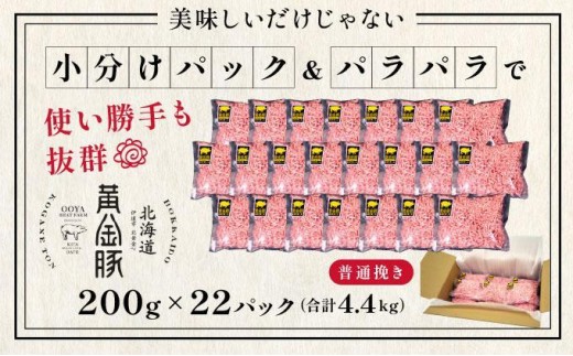 ＜12月発送＞＜黄金豚＞ブランドポーク 北海道 豚ひき肉 普通挽き 200g 22パック 計4.4kg | 伊達産 黄金豚 三元豚 ミンチ 挽肉 お肉 小分け ハンバーグ 餃子 カレー 大矢 オオヤミ