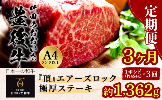 【定期便3回】日本一の和牛 おおいた豊後牛 1ポンド エアーズロック極厚ステーキ 約454g×3回 計3ポンド（約1362g）