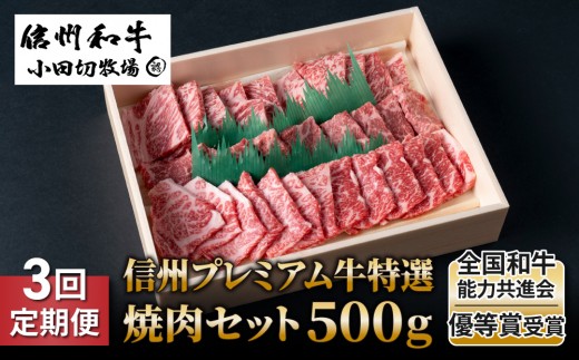 【3回定期便】信州プレミアム牛特選　焼肉セット500ｇ｜小田切牧場