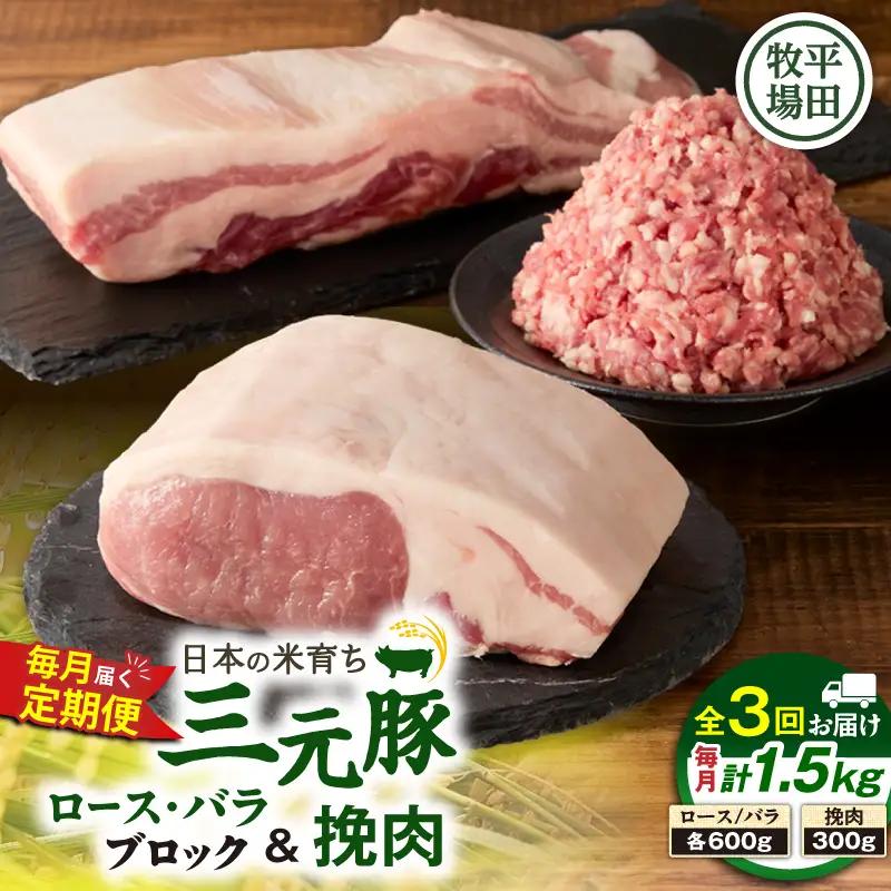 【 全3回 毎月 定期便 】 日本 の 米育ち 平田牧場 三元豚 バラブロック 600g ・ 豚ロースブロック 600g ・ 豚挽肉 300g T036-T14-01 定期 肉 お肉 にく 豚 豚肉 ブタ ぶた とんかつ 焼豚 ハンバーグ そぼろ 黒豚 冷凍 バークシャー種 特別品種 便利 パック おかず 夕食 美味しい おいしい ジューシー ふるさと納税 北海道 苫小牧市 おすすめ ランキング プレゼント ギフト