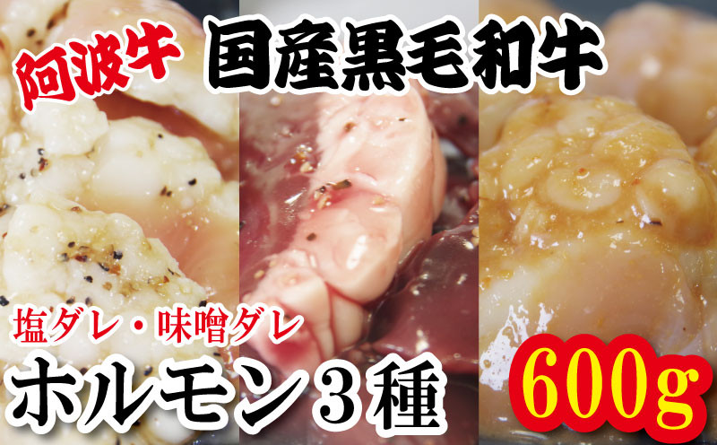 
            ホルモン 小腸 大腸 ハツ 3種セット 阿波牛 200g×3パック 計600g 冷凍 小分け 塩 味噌 タレ 塩ダレ 味噌ダレ 塩漬け 味噌漬け 焼肉 国産 牛 肉 黒毛和牛 和牛 BBQ バーベキュー 脂 シマチョウ ホソ もつ 牛肉 焼き やきにく ビール 酒 米 ご飯 と一緒に おつまみ おすすめ 徳島県 小松島市
          