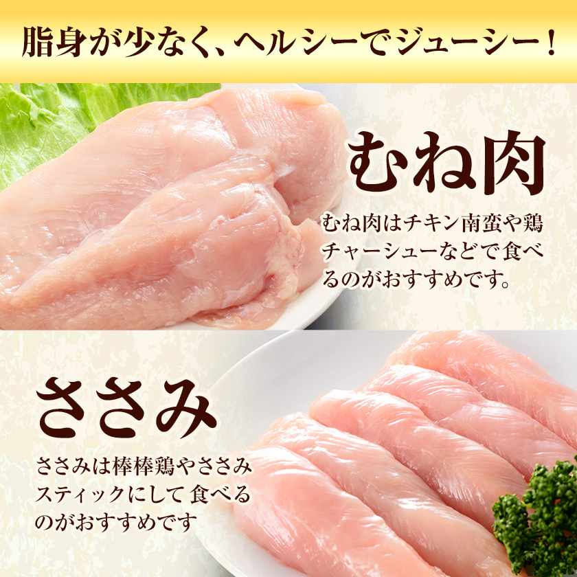 【3ヶ月定期便】 九州産 むね肉（600g×3袋）・ささみ（400g×4袋） 鶏肉 お肉 ムネ肉 2種類 小分け 冷凍 詰め合わせ 九州産 国産 熊本県 菊池市 送料無料《お申し込みの翌月から出荷》