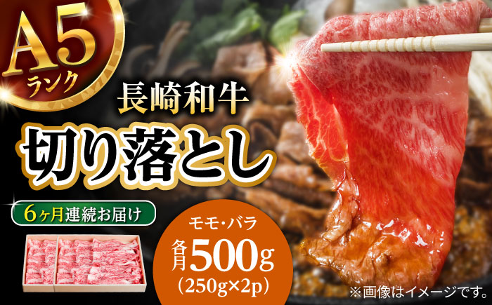 【6回定期便】長崎和牛 A5 赤身 切り落とし(モモ・バラ) 500g(250g×2) / 牛肉 和牛 モモ もも バラ バラ肉 すき焼き A5ランク 小間切れ / 諫早市 / 野中精肉店 [AHCW013]