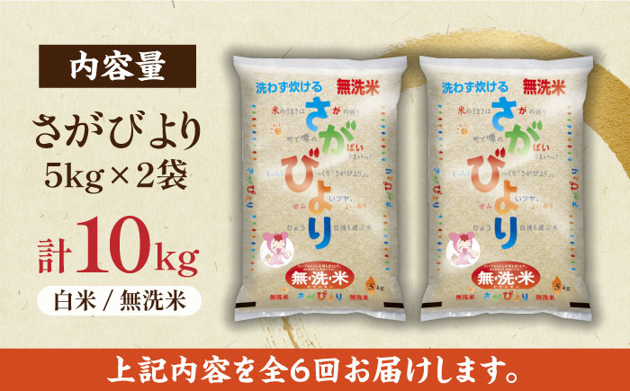【毎月お届け！】【全6回定期便】無洗米さがびより 白米 計60kg（5kg×2袋×6回）/ 佐賀米 コメ おこめ ごはん / 佐賀県 / 株式会社JA食糧さが [41ADAR011]