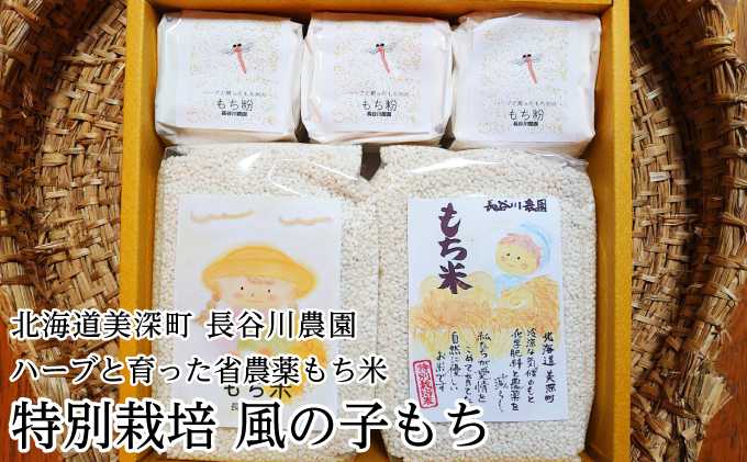 ［先行予約/11月発送開始］ハーブと育った省農薬の特別栽培もち米「風の子もち」900g×2・もち粉200g×3ギフトセット【北海道美深町】長谷川農園【 もち もち米 餅 餅米 】