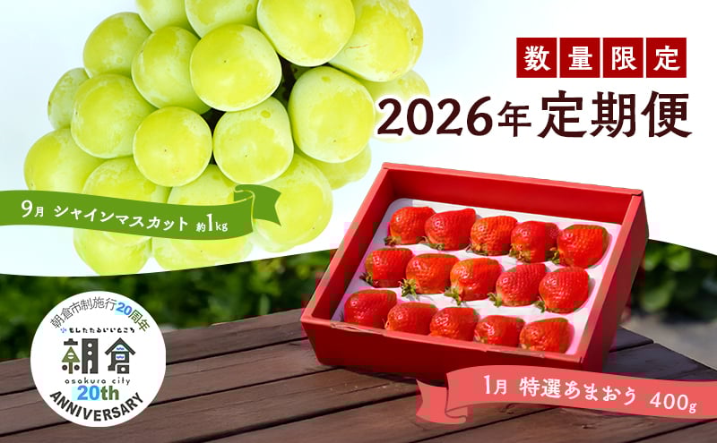 
            【朝倉市制施行20周年記念企画】 定期便 2回 うるう農園 2026年1月発送 特選 あまおう 400g ゆう美果樹園 2026年9月発送 シャインマスカット 1～3房 約1kg いちご シャイン セット ※配送不可：離島
          