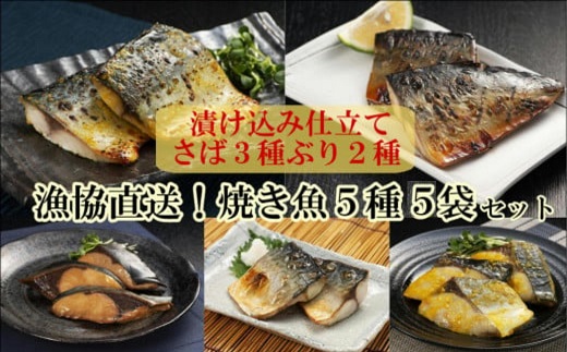 漁協直送！焼き魚5種5袋セット【B0-159】 さば ぶり みりん漬け 塩焼き 西京漬け 長崎県産 国産 肴 急速凍結 旨味 焼くだけ 簡単