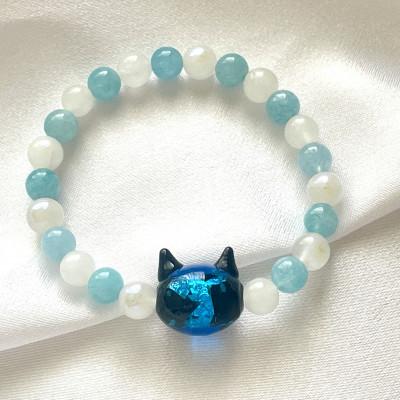 ふるさと納税 奈良市 光る猫玉とアクアマリンの天然石ブレスレット(キッズサイズ)