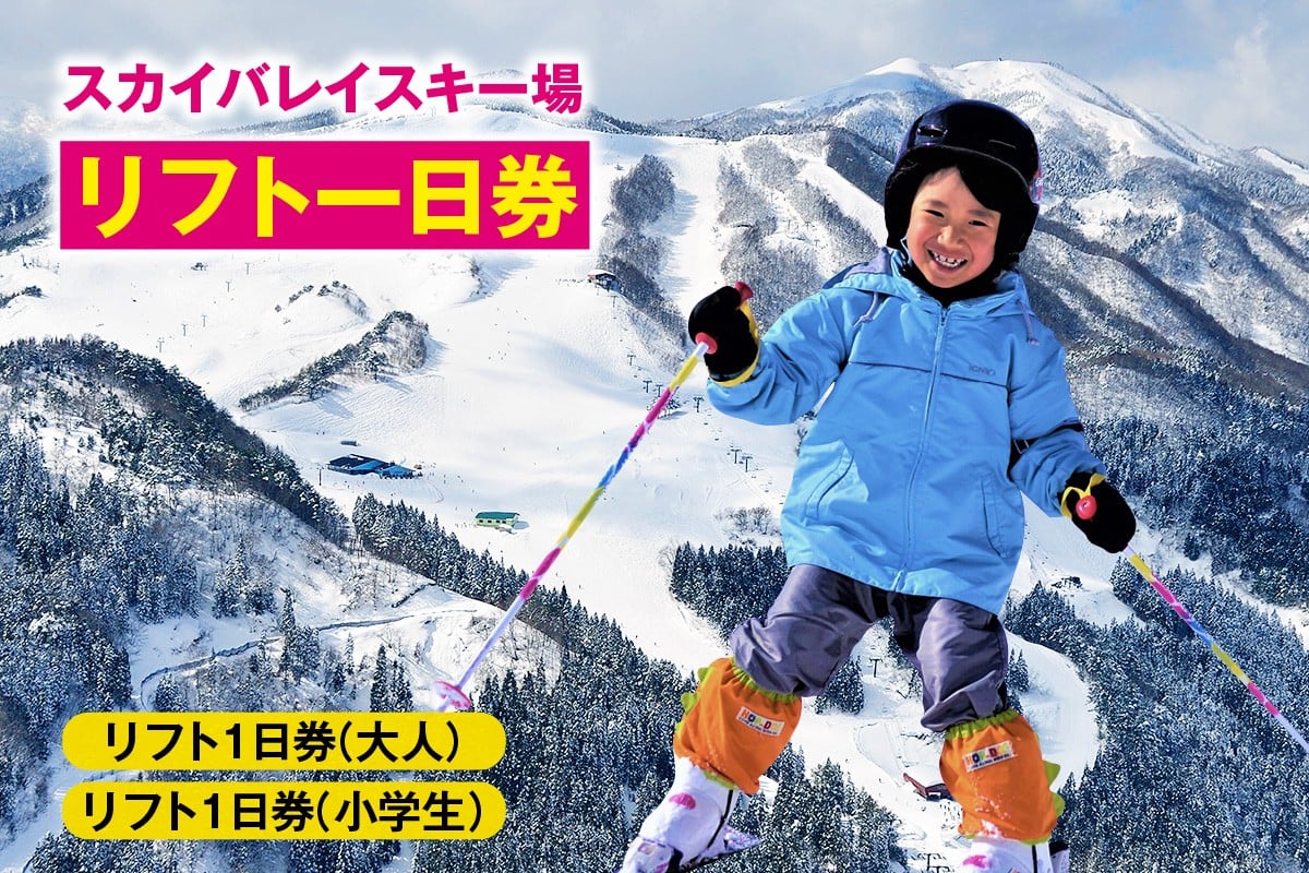 
            スカイバレイスキー場リフト1日券（大人＋小学生）スキーチケット 体験チケット リフト券 スキー スキーリフト券 1日券 お礼の品 スキー場 一日券 スノーボード スノボ 兵庫県 冬 旅行 イベント 有効期限 2024/25シーズン終了まで 兵庫県 香美町 村岡 ユースランド 18-03
          