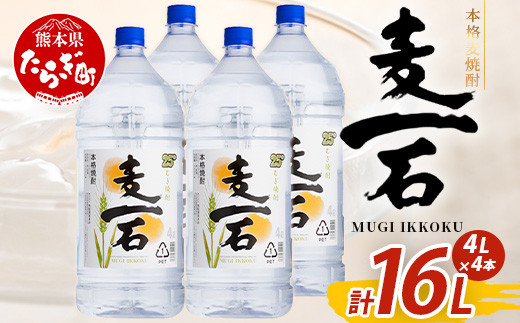 【12月発送】メガボトル4L×4本！ 純 麦焼酎【麦一石】4L エコペット 25度 計16L 焼酎 蔵元直送【発送月が選べる】16リットル パーティサイズ 麦 酒 麦麹 焼酎 大容量 熊本 球磨 焼酎 多良木町 040-0588-12