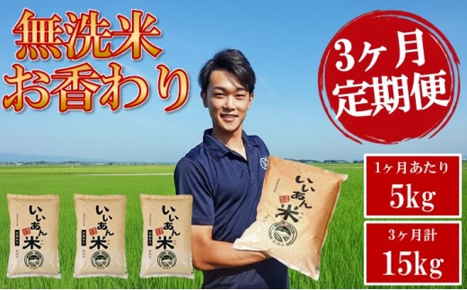 ≪3ヶ月定期便≫ 無洗米 お香わり（山形95号） 5kg×3ヶ月連続 計15kg 山形県庄内産 毎月中旬頃にお届け 米 お米 精米 白米 定期便 AG アグレスト　SE0602