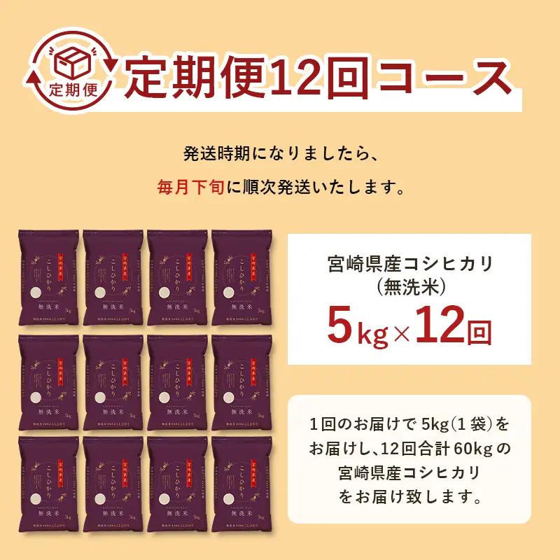 【12か月定期便】 無洗米 ＜チャック付＞ 新米 国産 令和8年産 コシヒカリ 宮崎県産（5kg×12回）