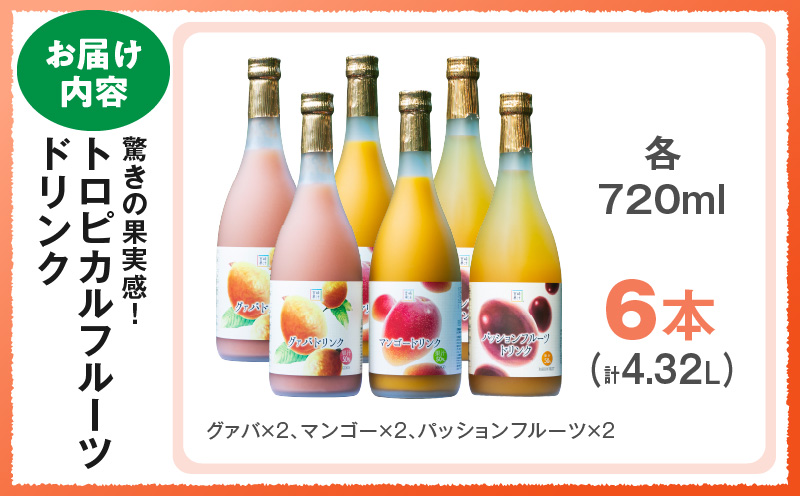驚きの果実感！トロピカルフルーツドリンク6本セット（マンゴー・グァバ・パッションフルーツ）各720ml×2本【宮崎果汁株式会社】_K021-004