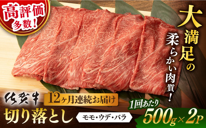 【12回定期便】 佐賀牛 切り落とし 1kg (500g x2P 総計 12.0kg) / 佐賀牛 佐賀県産黒毛和牛 牛肉 切り落とし 切落し【桑原畜産】 [NAB055]
