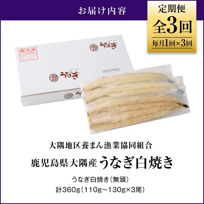 2080-1 鹿児島県 大隅産 うなぎ 白焼き 3尾  計360g 【 3ヶ月 定期 】 KN007-T02 魚 冷凍 鰻