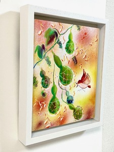 【青木芳恵】笑顔を届ける絵『健康の６ひょうたんとスズメ』（キャンバス印刷＋BOX額＋UVカット） スズメ_OS146-0018