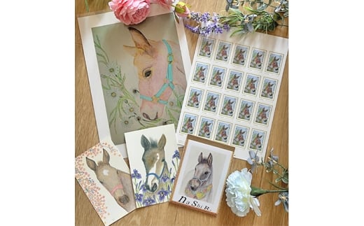 馬のまち栗東　馬と花のステーショナリーセットA / 切手 ポストカード メモ帳 クリアファイル 雑貨 / 栗東市 / nashira (nashira picture of horse) [BIBN001]