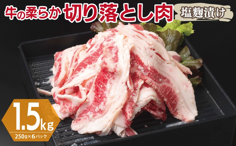 015B367 牛肉 切り落とし 塩麹漬け 合計1.5kg【味付け 小分け 焼くだけ 簡単調理 BBQ 牛肉 250g×6袋】