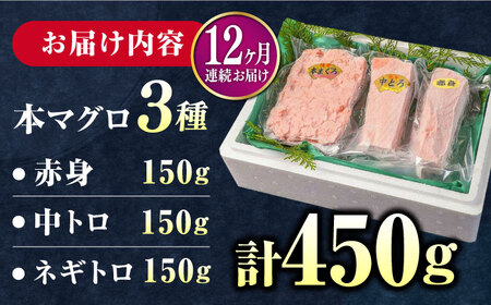 【全12回定期便】対馬産 養殖 本マグロ 3種×各1パック ( 赤身 / 中トロ / ネギトロ )《対馬市》【対海】 新鮮 マグロ 鮪 本鮪 赤身 中トロ 大トロ ねぎとろ 海鮮 冷凍[WAH014]