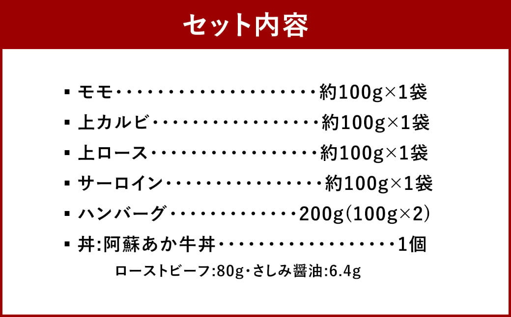 阿蘇あか牛 満喫セット （モモ・上カルビ・上ロース・サーロイン・ハンバーグ・丼）