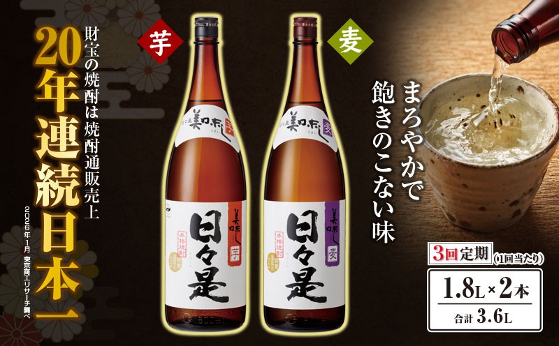 
                  2070 【全3回定期便】焼酎 一升瓶2本『日々是（芋）』『日々是（麦）』温泉水仕立ての本格焼酎　KN021-T05
                