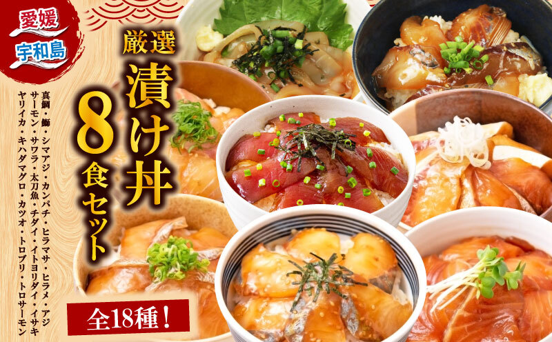 漬丼 厳選 活締め 全18種 お任せ 漬け丼 8食 セット 南予ビージョイ 真鯛 鰤 シマアジ カンパチ ヒラマサ ヒラメ アジ サーモン サワラ 太刀魚 チダイ イトヨリダイ イサキ ヤリイカ キハ