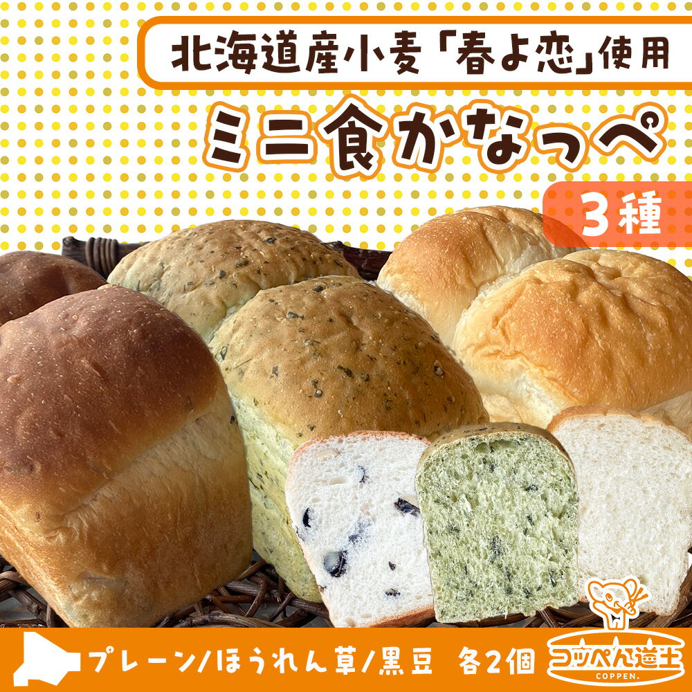 【ふるさと納税】ミニ食かなっぺ3種セット【プレーン2個/ほうれん草2個/黒豆2個　計6個】北海道産 小麦 春よ恋 食パン パン トースト カナッペ 手作り 自家製 焼きたて 酵母 ベーカリー 朝食 手軽 冷凍 お取り寄せ 人気 自家用 ギフト 送料無料 木古内 木古内町