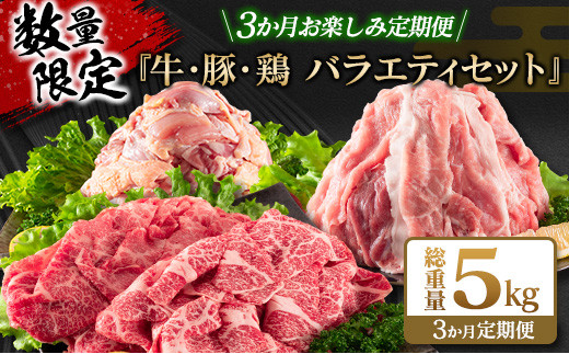
                  数量限定 3か月 お楽しみ 定期便 牛肉 豚肉 鶏肉 バラエティ セット 総重量5kg 宮崎牛 黒毛和牛 国産 ブランド牛 食品 おかず お弁当 おつまみ 切り落とし 切身 焼肉 からあげ お取り寄せ グルメ 小分け 真空パック おすそ分け 宮崎県 日南市 送料無料_FG13-26
                