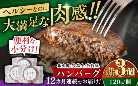 【全12回定期便】 【蝦夷鹿×牧草牛×放牧豚】ハンバーグ 3個 【GOODGOOD株式会社】 ハンバーグ 鹿肉 牛肉 豚肉 小分け 冷凍配送 北海道 [AXBP017]