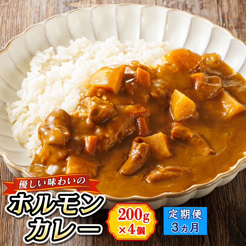 【定期便 3ヶ月】優しい味わいのホルモンカレー 200g×4個（箱）｜ ホルモン 野菜 昆布 だし ダシ レトルト カレー レトルトカレー おもいやり 北海道 釧路町 釧路超 特産品