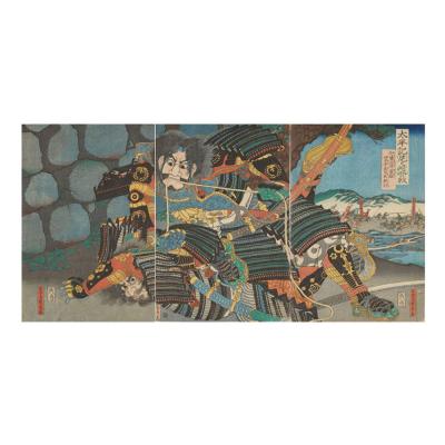 ふるさと納税 名古屋市 オリジナル【レプリカ浮世絵(3枚絵)歌川貞秀作「太平記尼ヶ崎合戦 加藤清正勇猛四方手左司馬組討」】