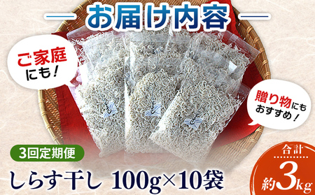 ＜漁師さん自慢のしらす干し 合計1kg 3回定期便＞ 定期便 シラス 魚介類 さかな 海産物 海鮮 海の幸 小分け 国産 ご飯のお供 丼 晩酌 おかず 特産品 濱田水産 愛媛県 西予市 【冷凍】『お申