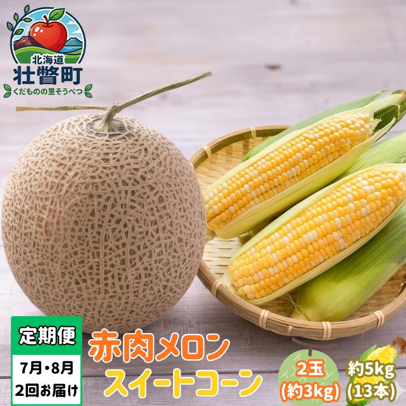 【ふるさと納税】【先行予約】【定期便2回】赤肉メロン2玉＋スイートコーン約5kg 旬のフルーツ・野菜定期便〈7月下旬・8月上旬お届け〉【メロン 赤肉 とうもろこし スイートコーン ドルチェドリーム ハワイコーン 旬 人気 果物 くだもの 野菜 やさい 北海道壮瞥町】 SBTN012