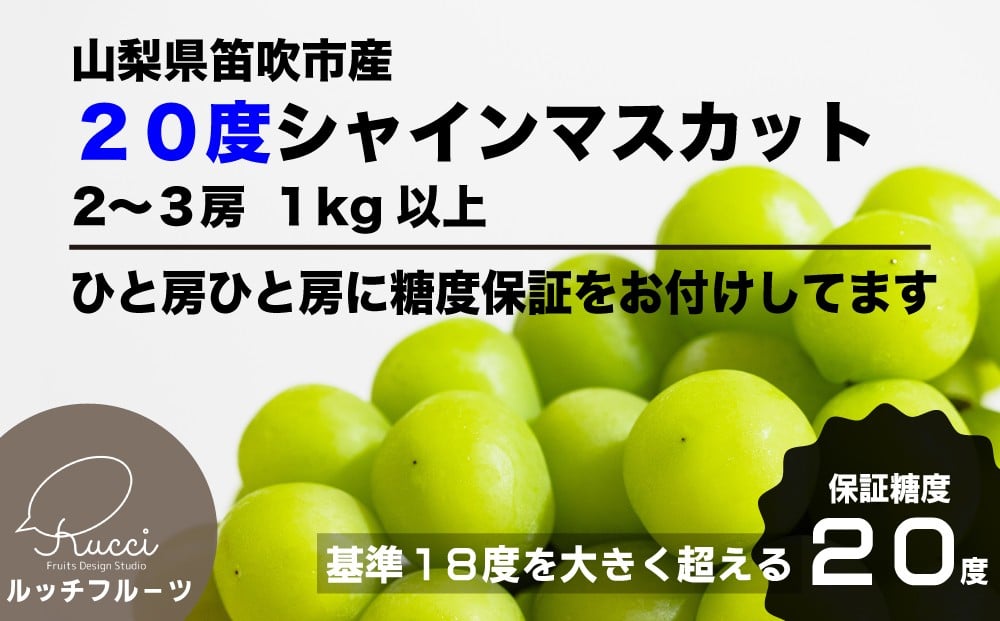 
            【全房糖度20度保証付】シャインマスカット 1kg以上【数量超限定】旬の美味しいフルーツだけをお届けします【ルッチ Rucci】産地直送 山梨県 笛吹市 果物 葡萄 ぶどう 贈答 人気 ギフト プレミアム 高級　104-041
          