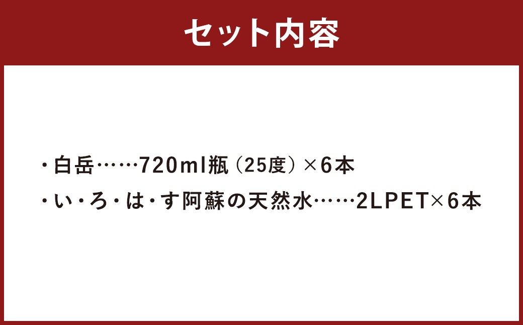 球磨焼酎 と 阿蘇 の 天然水 の 水割り セット ！ 白岳 720ml×6本 ＋ い・ろ・は・す 阿蘇の天然水 2L×6本