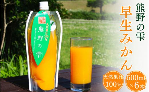 天然果汁100％ みかんジュース 熊野の雫【温州みかん（早生）】500ml×6 / ミカンジュース 早生みかん 温州 生搾り 果汁100％ ストレート パウチ入 柑橘 和歌山県 田辺市【hso006】