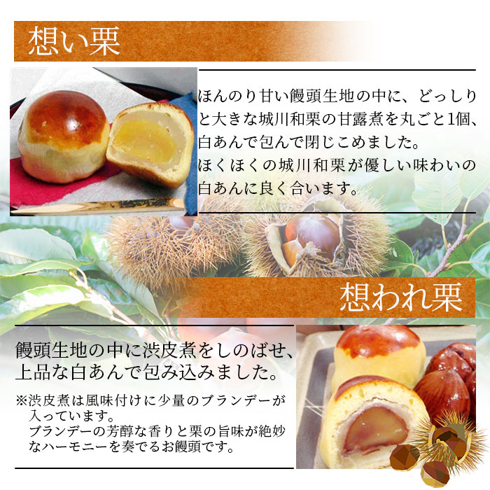 ＜栗まんじゅう2種セット「想い栗」と「想われ栗」 6個入り（各3個）＞お菓子 詰め合わせ 和菓子 くり マロン 和栗 お茶菓子 スイーツ 手土産 饅頭 白餡 渋皮煮 道の駅きなはい屋 城川ファクトリー