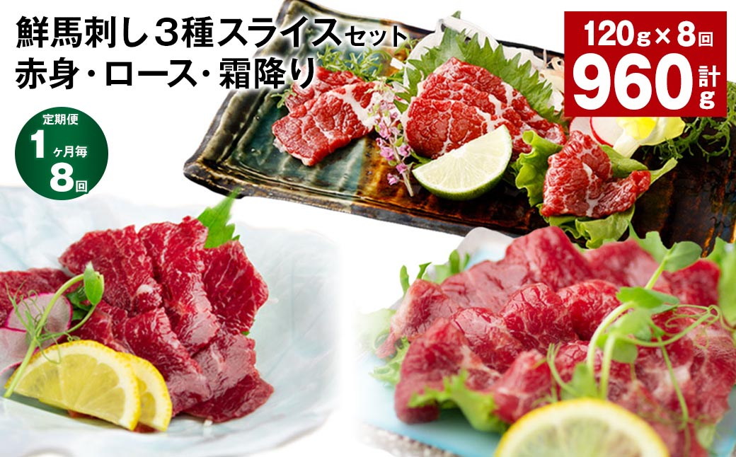 
                  【1ヶ月毎8回定期便】鮮馬刺し3種スライスセット（赤身・ロース・霜降り）
                